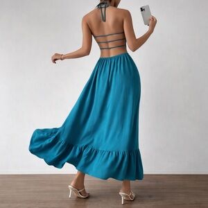 Teal Halter Maxi Dress with Smocked Bodice